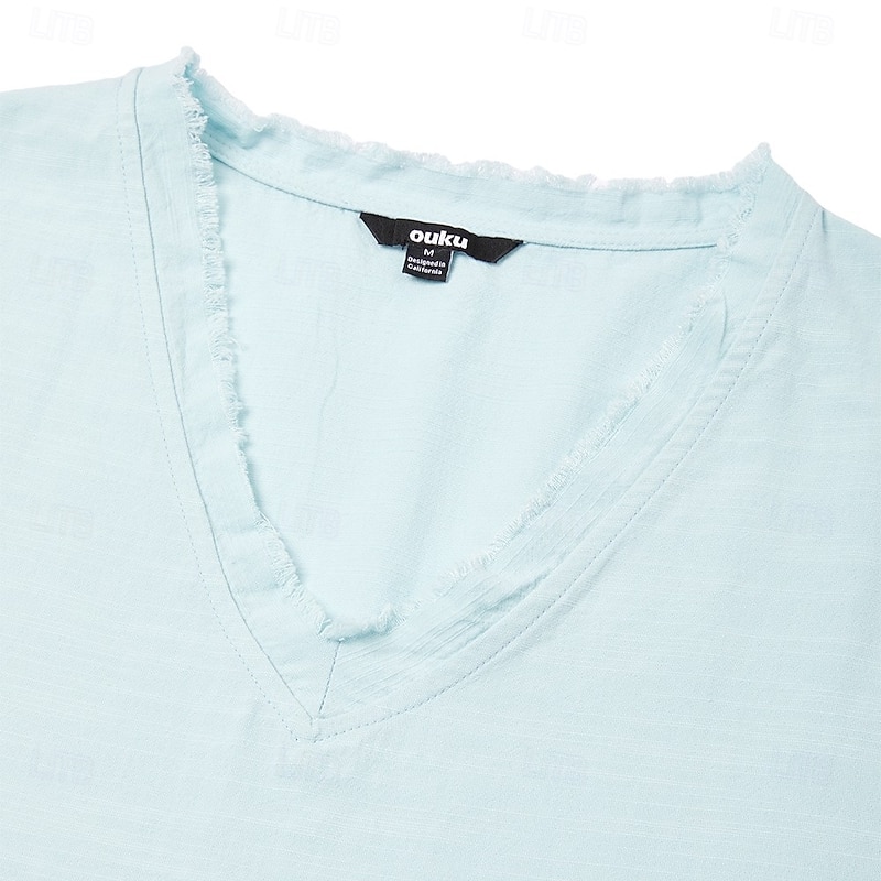 Men's Linen T-Shirt Long Sleeve V Neck Summer Spring Solid Color Vintage Bohemian Casual Raw Edge Vacation Street Casual White Pink Light Blue Top Tee for Men4