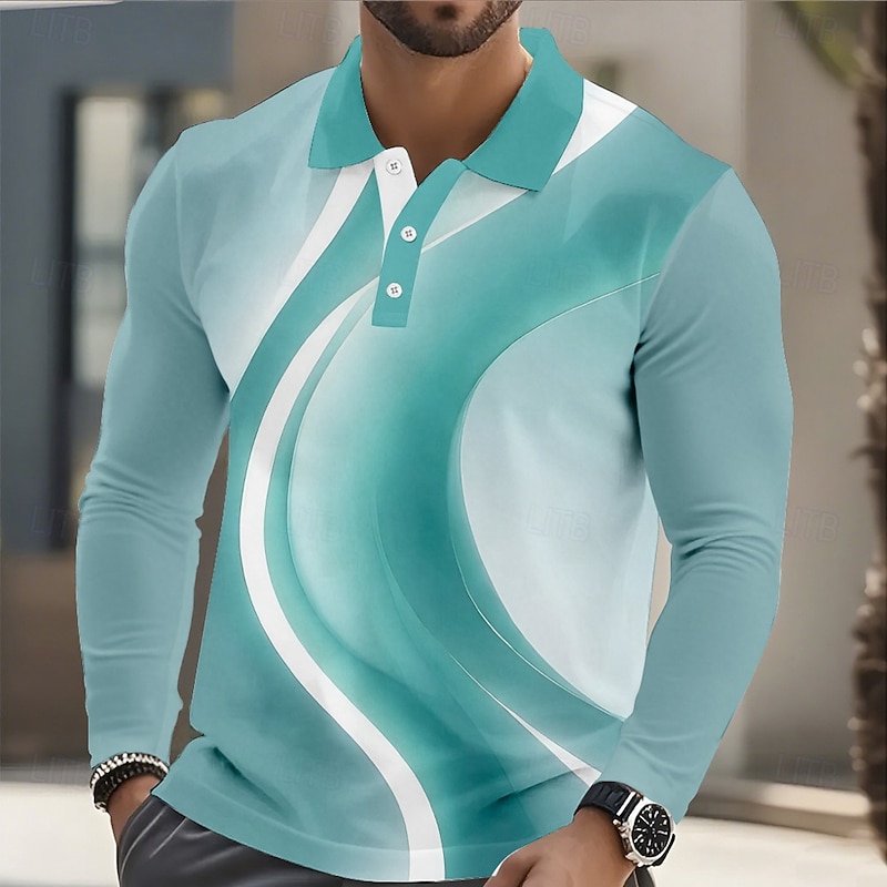 Men's Geometic Golf Polo Sports Polo Shirts Long Sleeve Polo Shirts Collared Shirts Sportswear Athleisure Daily Wear 3D Print Spring Fall Black Blue Purple2