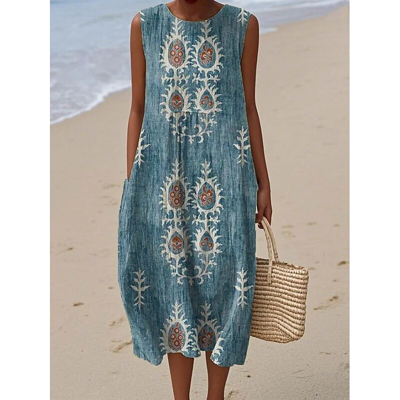 Women's Midi Dress Sundress Shift Dress A Line Dress Vacation Casual Boho Going out Beach Loose Fit Floral Graphic Geometric Sleeveless Crewneck Pink Red Blue Orange Summer Spring2