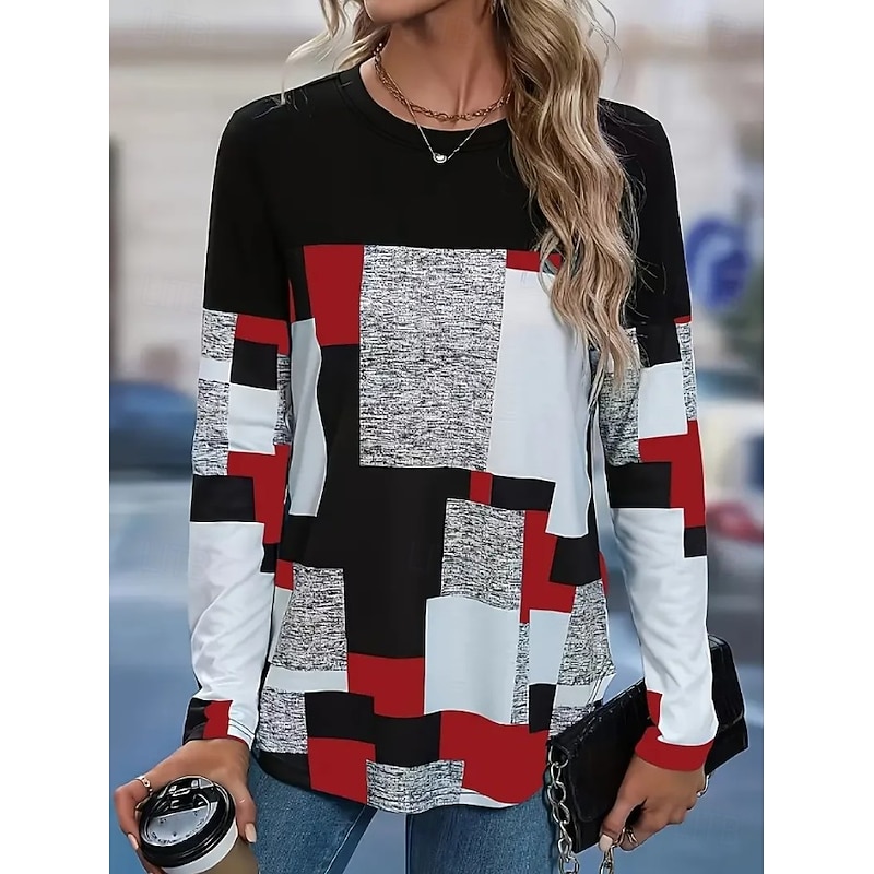 Women's T shirt Long Sleeve Crew Neck Long Sleeve Tunic Graphic Striped Geometry Vintage Stylish Round Neck Regular Tops Daily Print Red Green Gray Fall Prefall