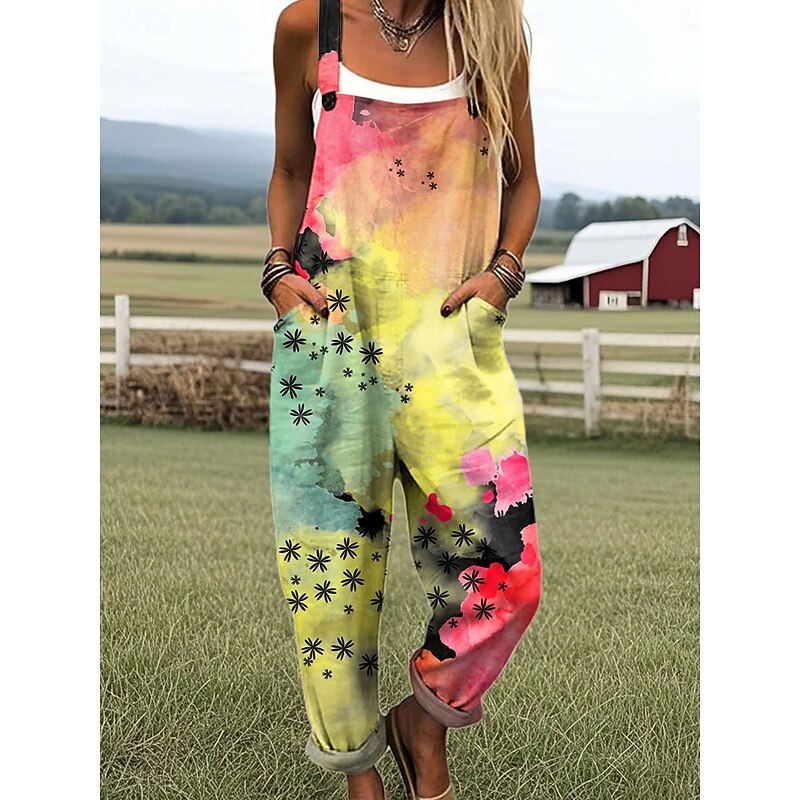 Women's Dungarees Active Floral Sleeveless Straight with Pocket Vacation Street Loose Fit Yellow Blue Purple Summer