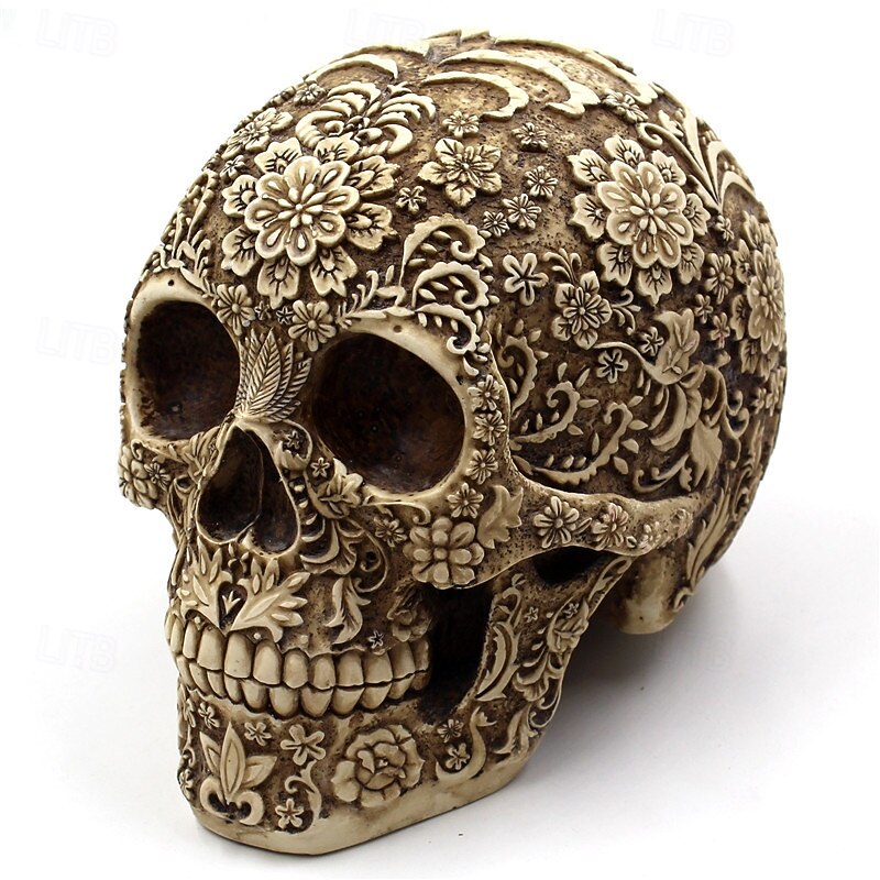Halloween Resin Figurine Floral Skull Ornament Detailed Pattern Gothic Resin Head Bar Table Decor Unique Halloween Spooky Craft Home Party Decoration Accessory - Main Image
