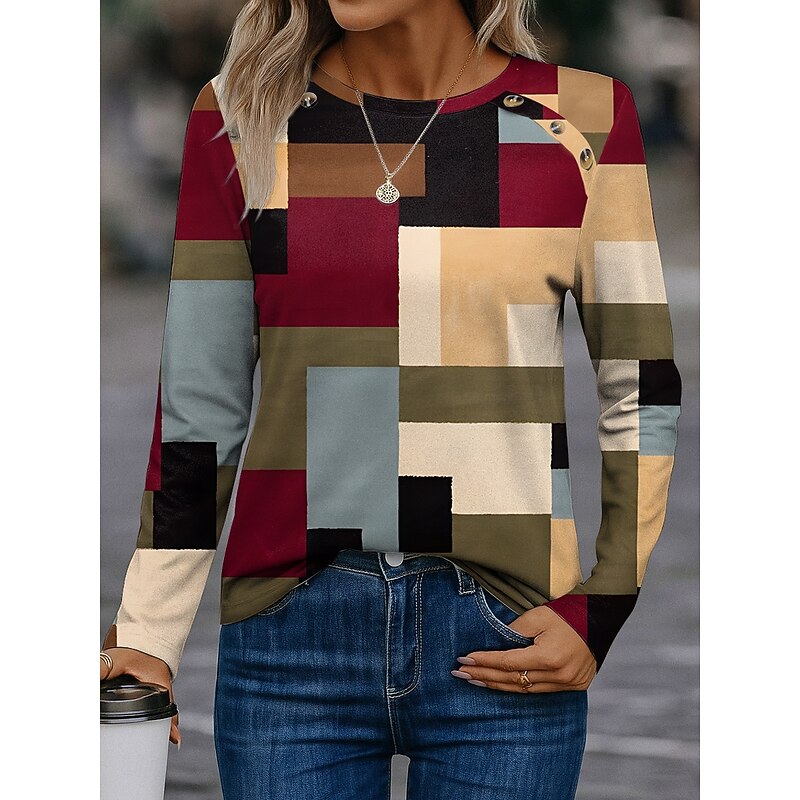Women's Sweatshirts Graphic Geometric Vintage Classic Casual Long Sleeve Crew Neck Regular Tops Buttons Print Yellow Pink Wine Orange Spring Fall Winter2