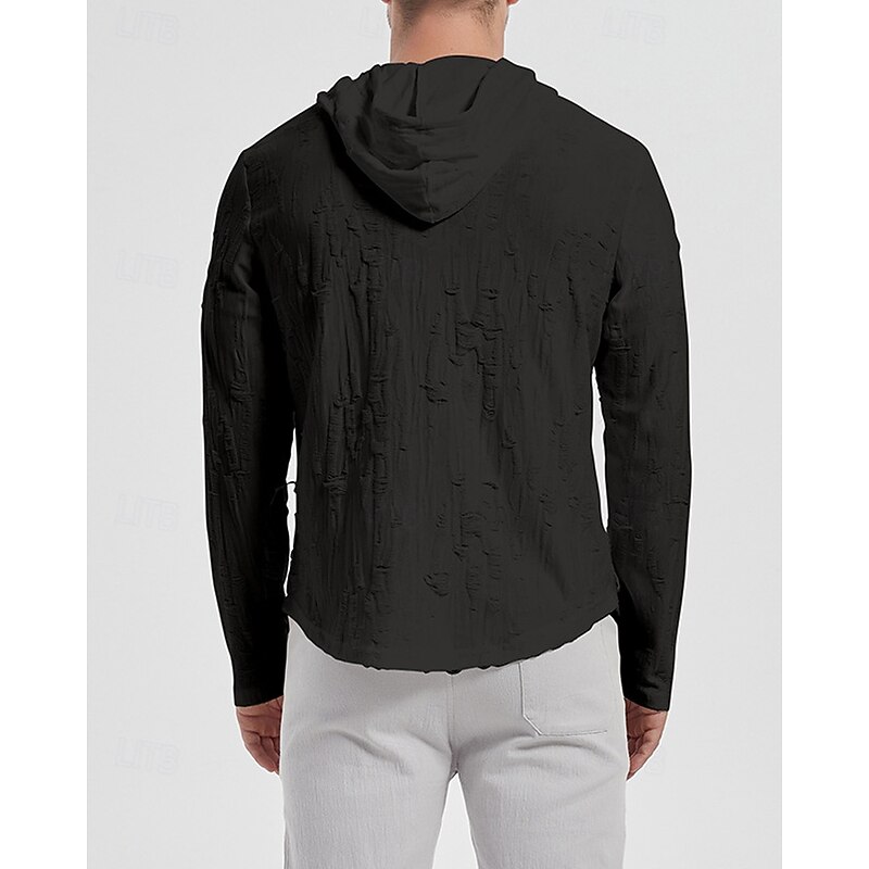 Men's Shirt Popover Shirt Summer Shirt Casual Shirt Beach Shirt Black White Yellow Pink khaki Long Sleeve Plain Hooded Vacation Hawaiian Drawstring Clothing Apparel Polyester Fashion Casual4