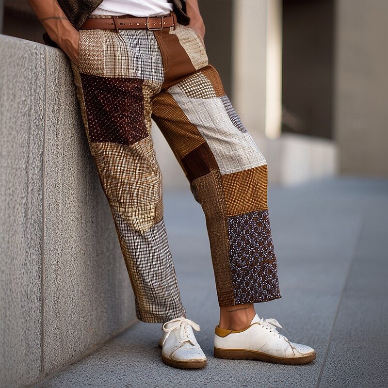 Men's Color Block Patchwork Dress Pants Trousers Suit Pants Mid Waist Vintage Retro Outdoor Vacation Regular Fit Flat-Front Straight Leg Pants with Pockets Summer Spring Fall 3D Print Pink Wine khaki3