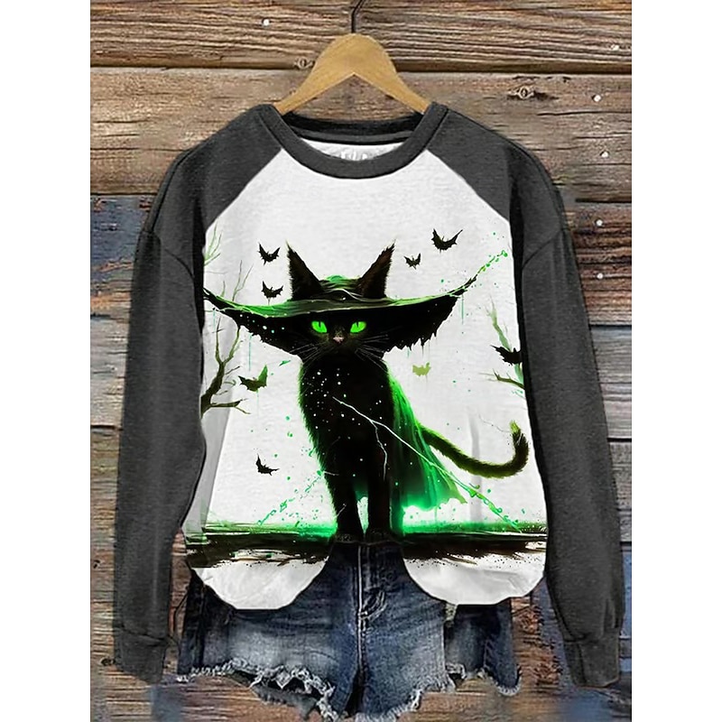 Halloween Women's Pullover Sweatshirt Black Cat Graphic Animal Fashion Casual Long Sleeve Crew Neck Regular Tops Street Dailywear Casual Print Black Orange Green Fall Winter3