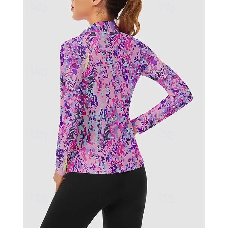 Women's Floral Botanical Golf Polo Shirt Tennis Shirt Long Sleeve Print Quarter Zip Pullover UV Protection Elastic Breathable Tennis Golf Pickleball Zip Collar Shirt Polo Purple Tennis Clothing2