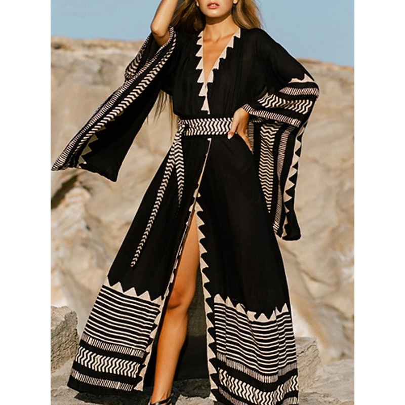 Women's Long Dress Maxi Dress Boho Dress Casual Dress Swing Dress Summer Dress Vintage Vacation Daily Beach Regular Fit Geometric 3/4 Length Sleeve V Neck Black Summer Spring Fall