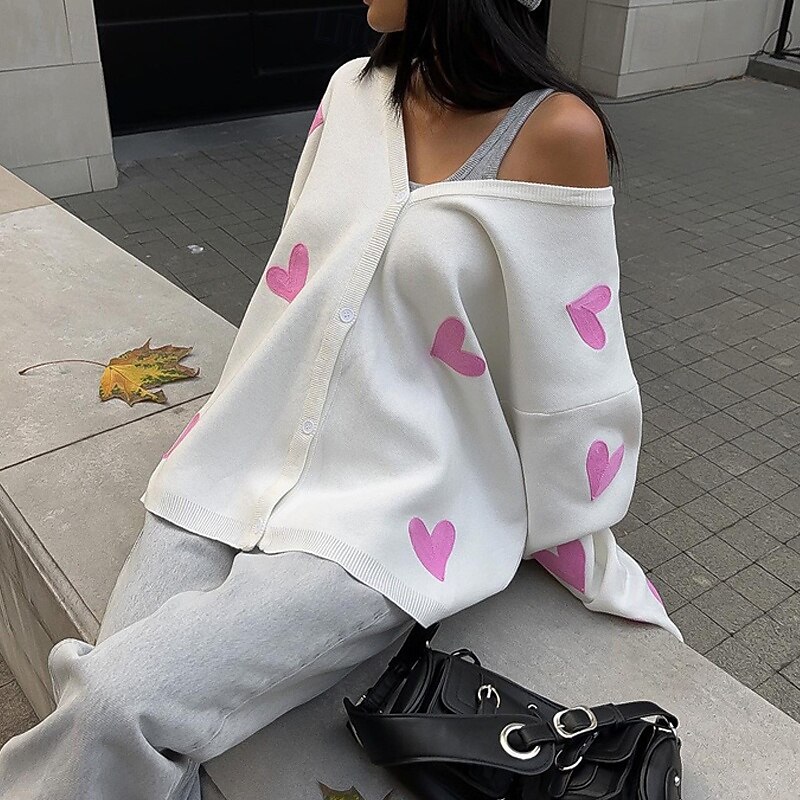 Women's Sweater Cardigan Fashion Streetwear Daily Heart Ribbed V Neck Knitted Long Sleeve Regular Tops Knit Holiday Going out Weekend Pink Fall Winter4