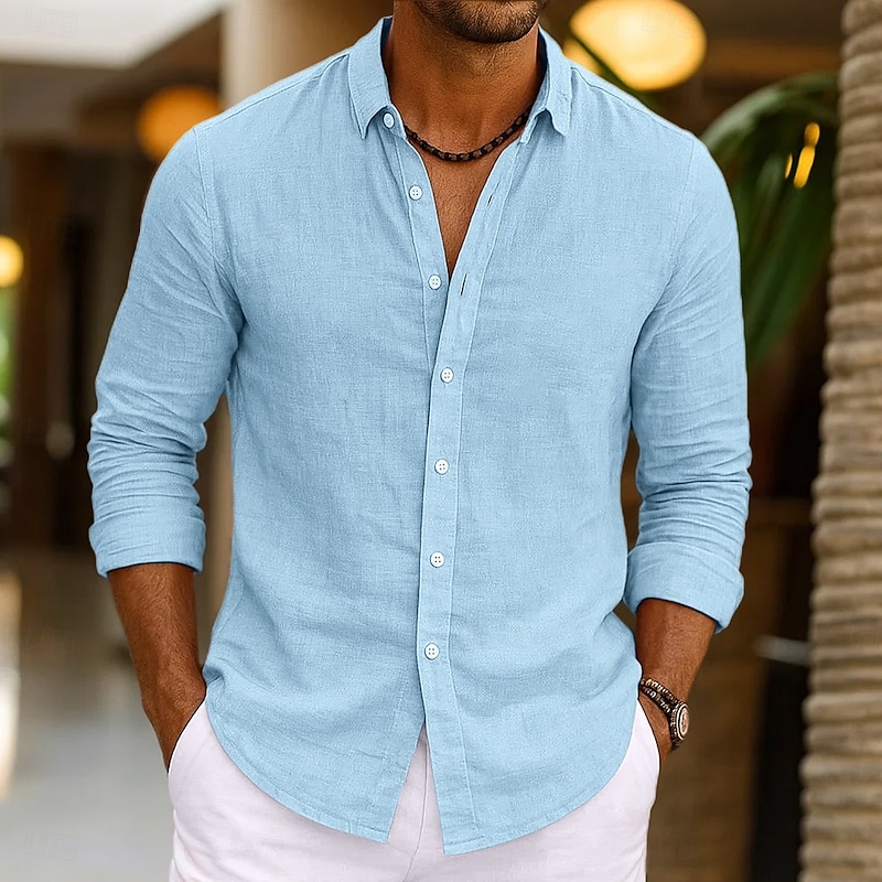 Men's Shirt Linen Shirt Summer Shirt Beach Wear Button Up Shirt Plain Vacation Casual Black Pink Navy Blue Green Long Sleeve Turndown Spring & Summer Clothing Apparel