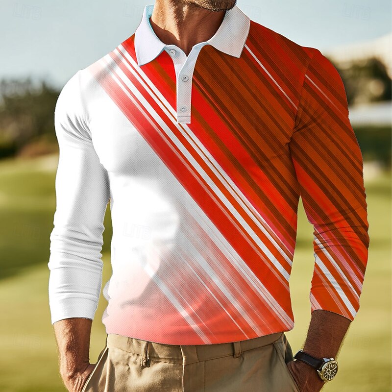 Men's Abstract Geometic Polo Long Sleeve Polo Shirts Lapel Casual Outdoor Athleisure Daily Wear 3D Print Buttons Spring Fall Winter Red Blue Purple