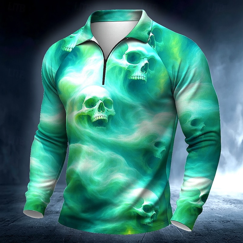 Day of the Dead Men's Skull Skulls Polo Long Sleeve Polo Shirts Casual Dark Outdoor Street Daily Wear 3D Print Quarter Zip Polo Spring Fall Winter Blue Brown Green