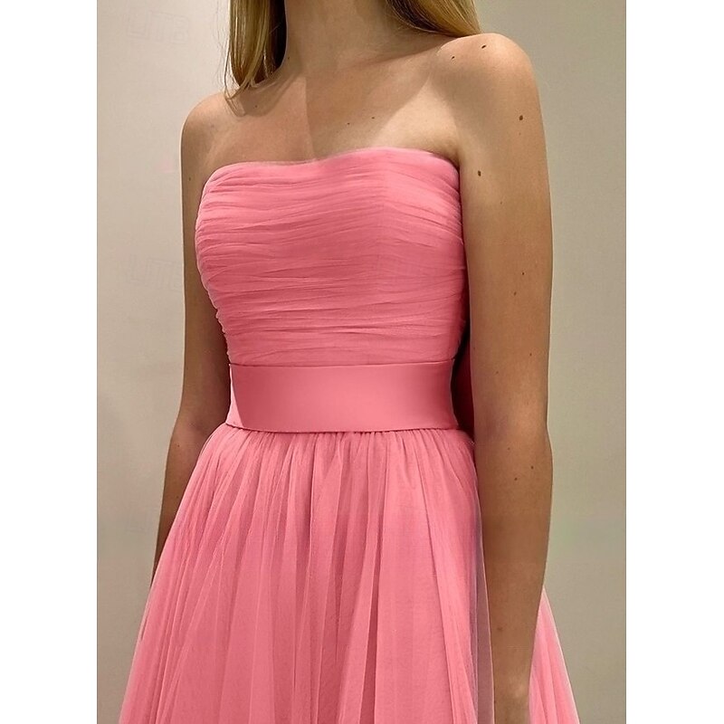 A-Line Wedding Guest Dresses Elegant Formal Dress Wedding Guest Engagement Floor Length Sleeveless Strapless Tulle with Bow(s) Pleats Ruched 20253
