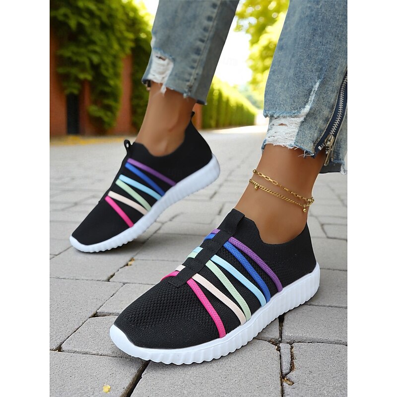 Women's Red Flyknit Slip-On Sneakers – Breathable Lightweight Walking Shoes with Colorful Elastic Straps for Travel, Weekend Outings and Casual Daily Wear