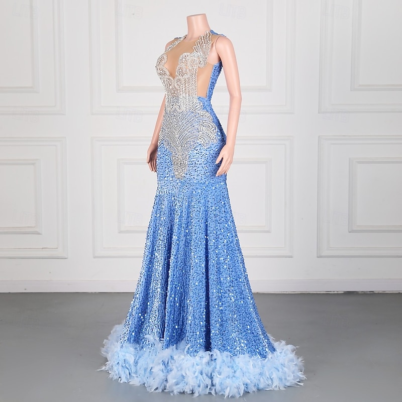 Mermaid / Trumpet Evening Gown Elegant Dress Formal Prom Sweep / Brush Train Sleeveless Crew Neck Sequined Backless with Sequin Appliques3