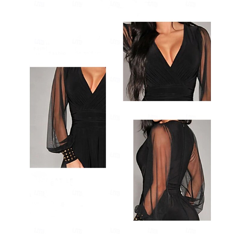 Women's Jumpsuit Elegant Solid Color Long Sleeve Lantern Sleeve Wide Leg V Neck Rivet Patchwork School Vacation Regular Fit Black All Seasons3