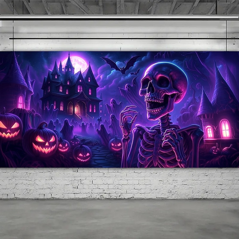 Halloween Garage Door Cover Neon Skeleton with Haunted House Banner, Glowing Blacklight Backdrop Decoration for Holiday Outdoor Garage Door and Home Wall, 2025 Halloween Decorations2