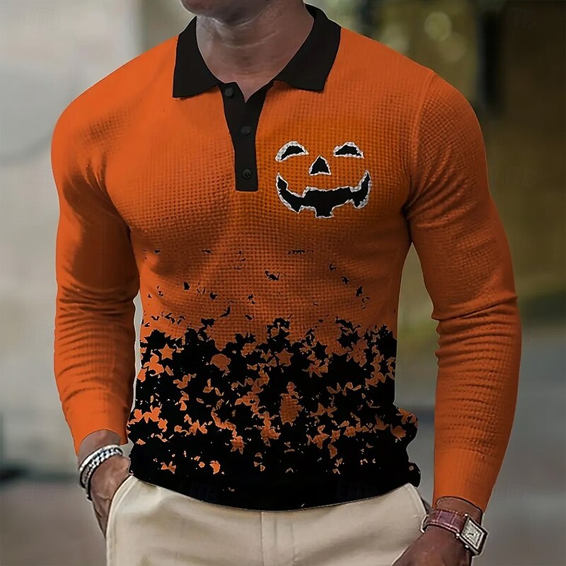 Halloween Men's Pumpkin Waffle Polo Shirts Long Sleeve Polo Shirts Collared Shirts Casual Dark Daily Wear Festival Outfit 3D Print Buttons Spring Fall Winter Orange