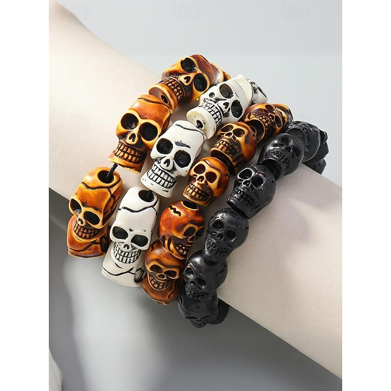 Men's Halloween Skull Bead Bracelet – Stretch Resin Gothic Punk Wristband for Party, Cosplay and Costume Wear4