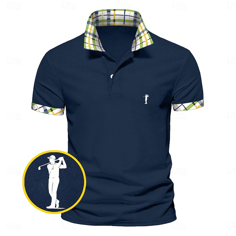 Men's Golf Shirt Pique Polo Shirt Business Casual Turndown Short Sleeve Fashion Basic Solid Color Plaid Buttons Logo Summer Spring Spring &  Fall Regular Fit White Yellow Navy Blue Green Golf Shirt