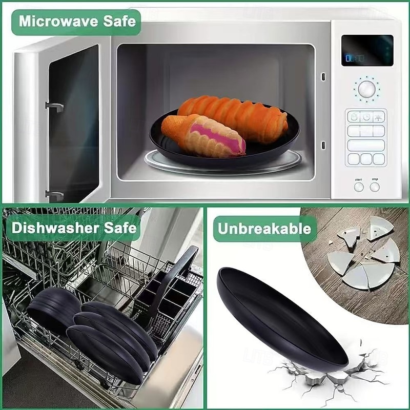 16pcs Unbreakable Dinnerware Set, Microwave & Dishwasher Safe Reusable Black Tableware, Includes 8 Plates, 4 Bowls, 4 Cups, Ideal for Camping and Everyday Use4