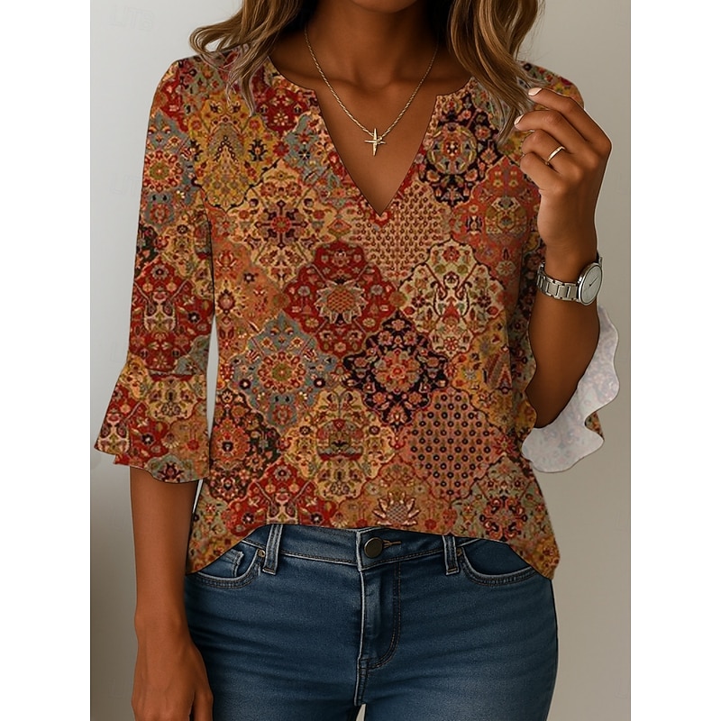Women's Blouse Floral Graphic Retro Vintage Ethnic 3/4 Length Sleeve V Neck Regular Tops Daily Holiday Print Red Blue Brown Khaki Summer Spring Fall2