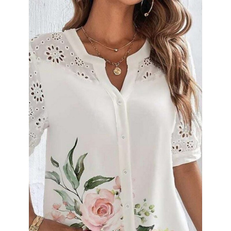 Women's Shirt Blouse Floral Stylish Casual Short Sleeve Shirt Collar Regular Tops Daily Lace Patchwork Buttons Pink Blue Summer Spring3