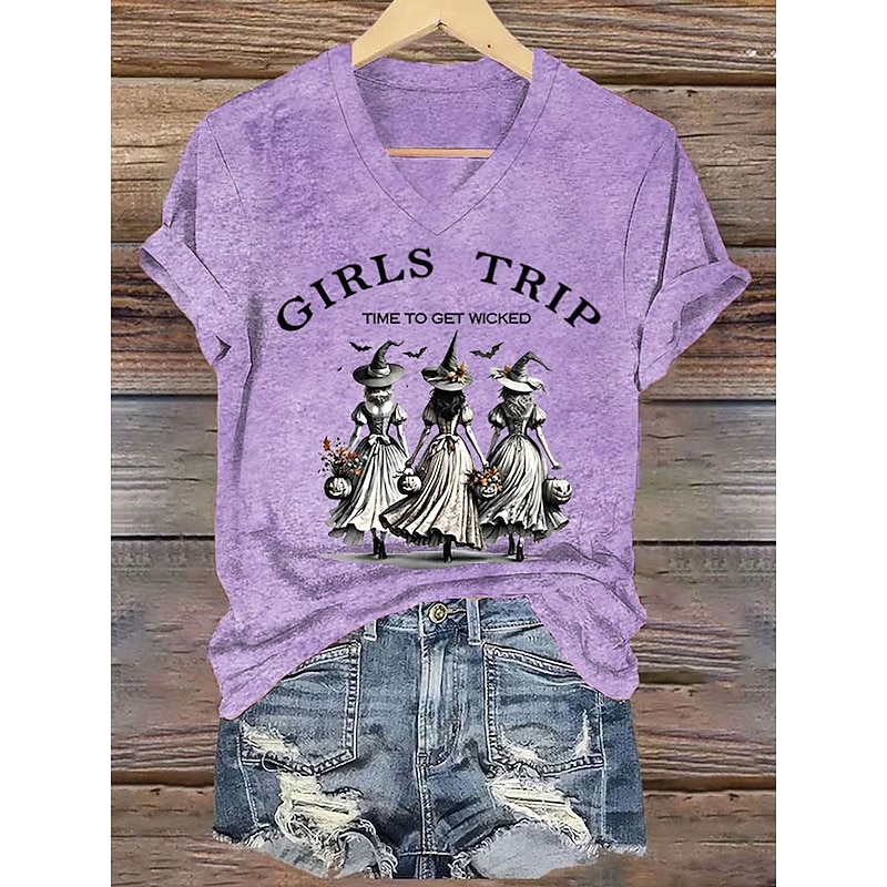 Halloween Women's T shirt Witch Graphic Letter Vintage Stylish Classic Short Sleeve V Neck Regular Tops Daily Print White Purple Orange Green Summer Spring