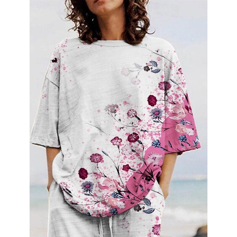 Women's Active Fashion Pants Sets 3/4 Length Sleeve Crew Neck Floral Print Vacation Daily Holiday Purple Summer Regular Fit3