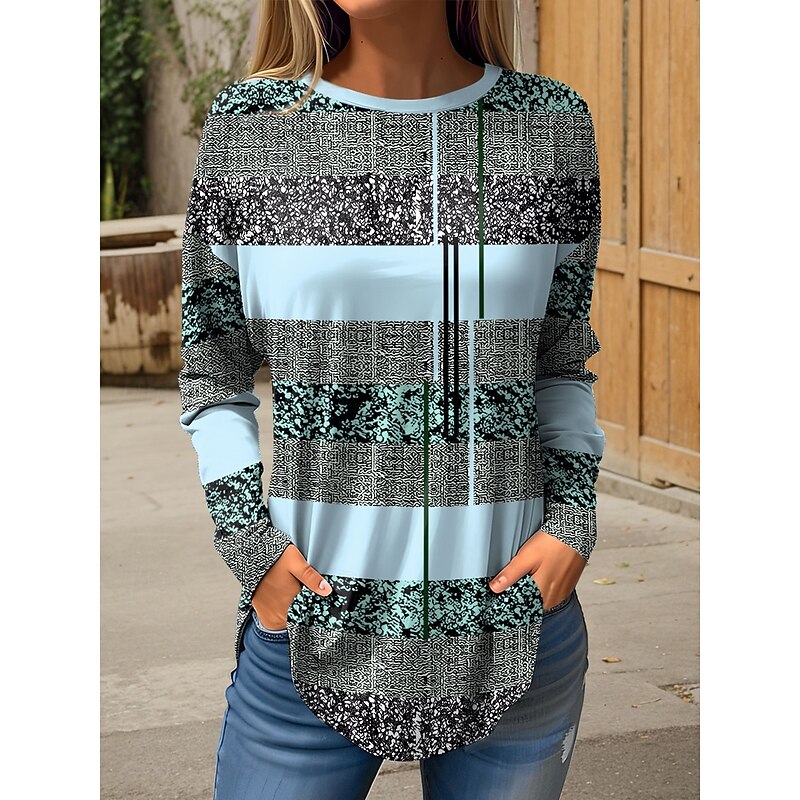 Women's T Shirt Graphic Geometric Vintage Fashion Stylish Long Sleeve Crew Neck Round Neck Regular Tops Weekend Print Blue Purple Green Gray Spring Fall3