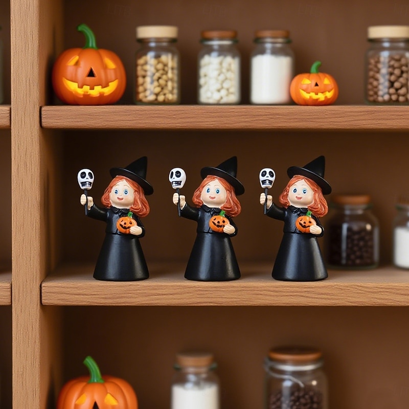 3PCS Halloween Resin Little Witch Figurines Set, Cute Spooky Decorations for Home Desktop, Bookshelf, Outdoor Yard, Lawn, and Planter Display2