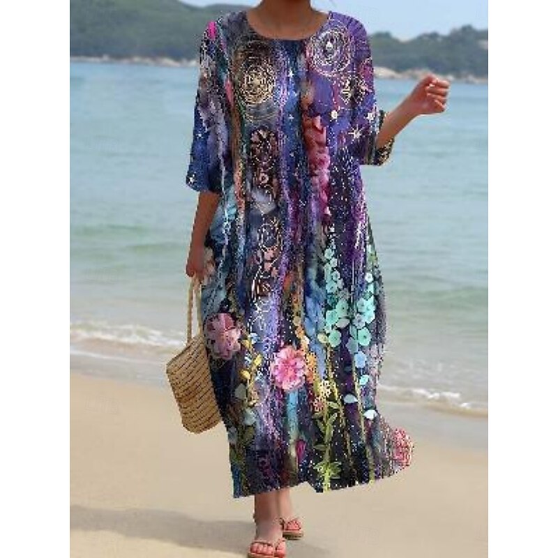 Women's Midi Dress Casual Dress Print Dress Fashion Modern Daily Beach Weekend Regular Fit Floral 3/4 Length Sleeve Crew Neck Light Green Blue Purple Green Spring Fall Autumn4