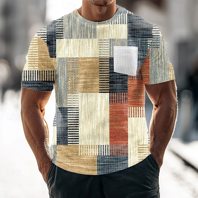 Men's Geometric Plaid Waffle Shirt Short Sleeve T shirt 3D Print Crew Neck Shirt Fashion Daily Designer Street Casual Daily Red Blue Khaki Summer Spring All Seasons Clothing Apparel S M L XL XXL XXXL