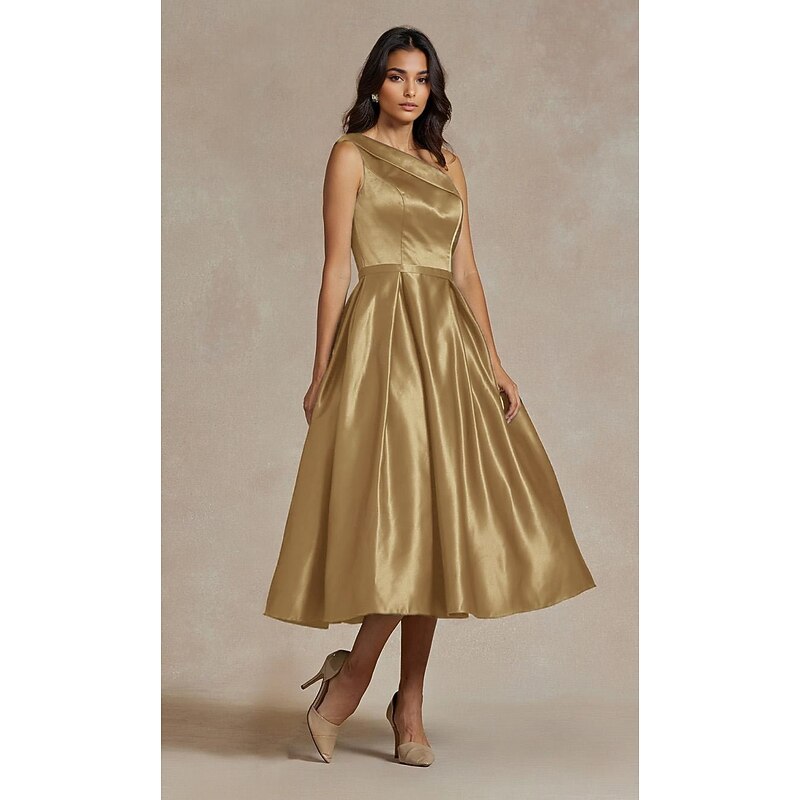Black A-Line Cocktail Dresses Elegant Dress Formal Wedding Tea Length Midi Length Sleeveless One Shoulder Stretch Satin with Pleats4
