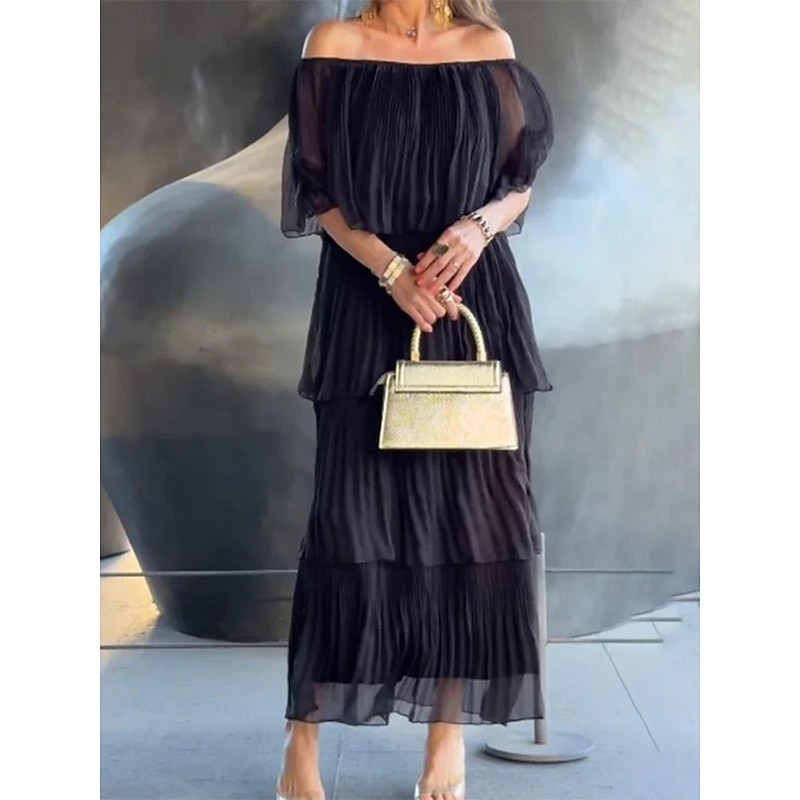Women's Midi Dress Cocktail Dress Wedding Guest Dress Chiffon Elegant Fashion Modern Outdoor Vacation Regular Fit Plain Half Sleeve Off Shoulder Black White Gray Summer Spring