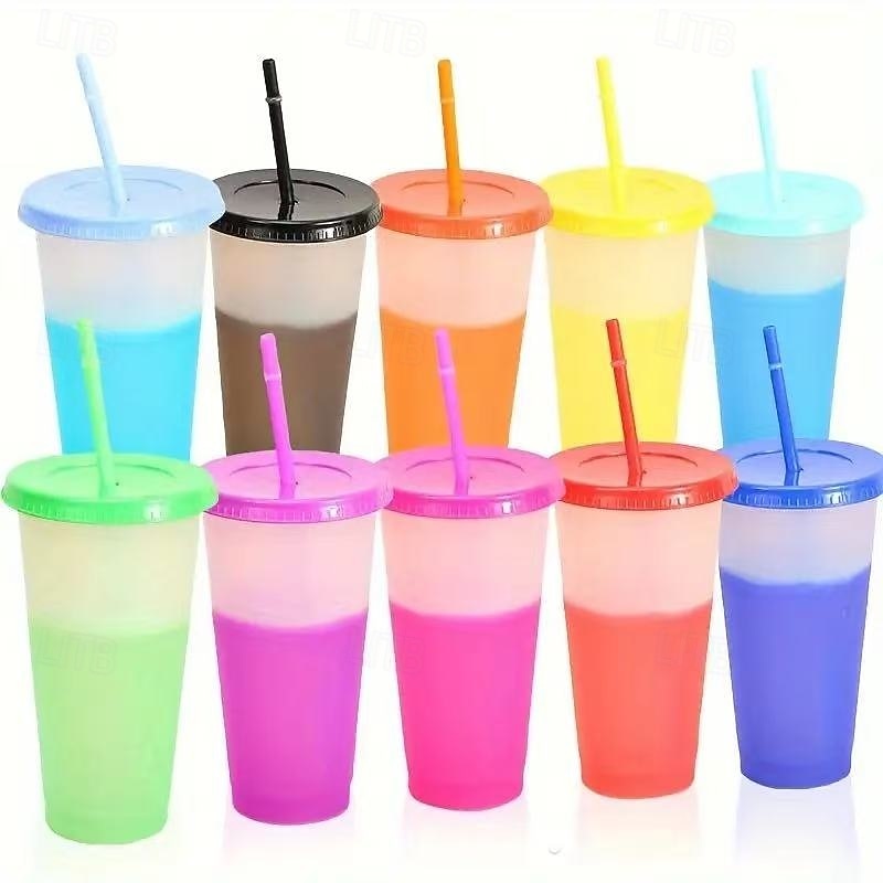 10pcs Color Changing Cups with Lids and Straws, 24oz/710ml Reusable Cold Drink Tumblers, Temperature Sensing Plastic Cups for Outdoor, Travel, Parties, Gifts