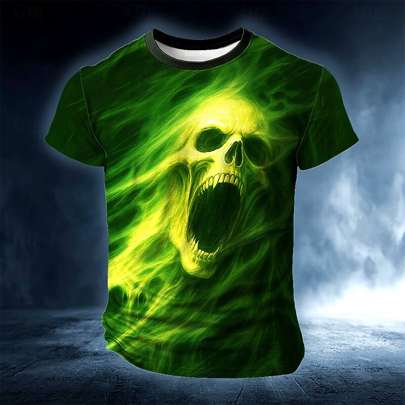 Halloween Men's Skull Optical Illusion 3D T Shirt Short Sleeve T shirt 3D Print Crew Neck Shirt Exaggerated Designer Horror Party Street Casual Yellow Blue Orange Summer Spring All Seasons Clothing4