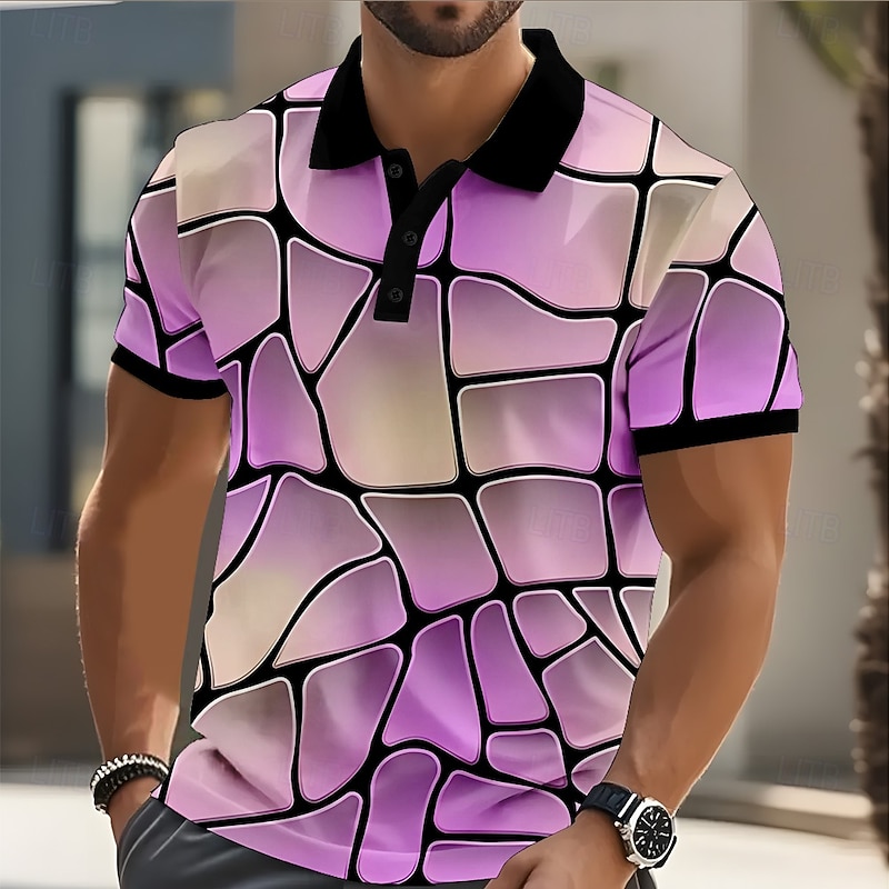 Men's Abstract Geometic Polo Short Sleeve Polo Shirts Collared Shirts Casual Street Athleisure Daily Wear 3D Print Buttons Summer Yellow Blue Purple3