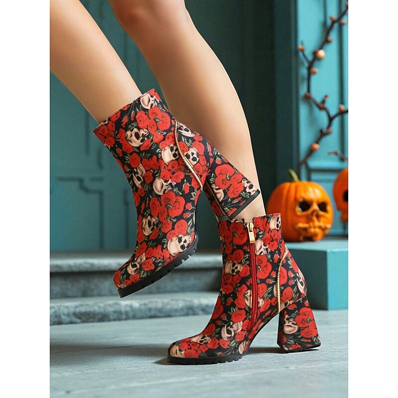 Women's Halloween Skull and Rose Print Ankle Boots – Chunky Block Heel Gothic Style Side Zipper Booties for Cosplay, Parties, and Autumn Festivals3