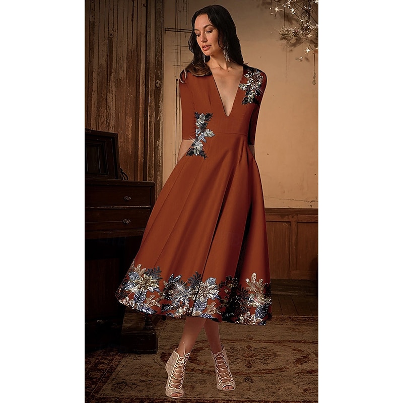 A-Line Floral Beaded Lace Cocktail Dresses Elegant Dress Formal Wedding Tea Length Midi Length Half Sleeve Plunge Neck Satin with Embroidery