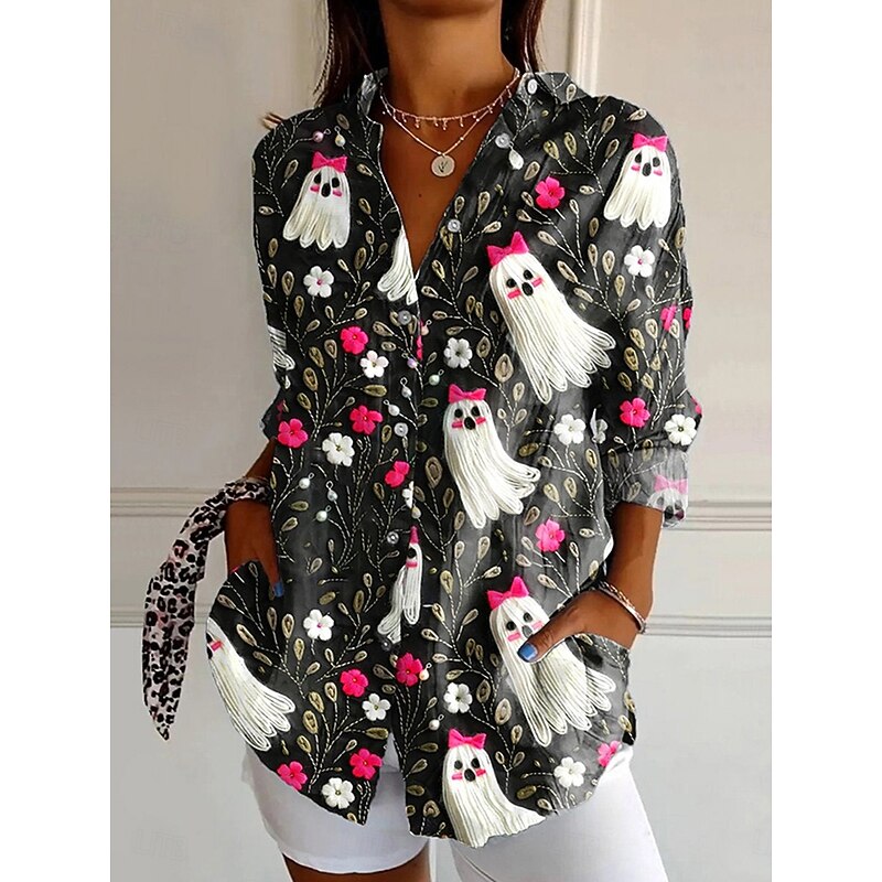 Halloween Women's Shirt Button Down Tunic Shirt Collar Long Sleeve Bat Graphic Vintage Casual Regular Tops Work Daily s Print Black Pink Orange Gray Spring Fall4