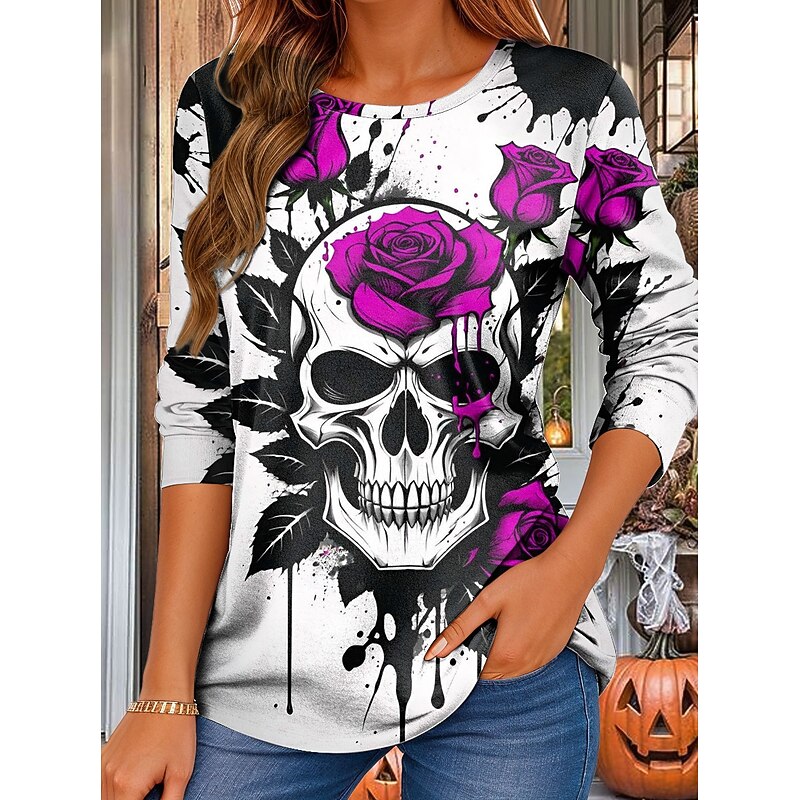 Halloween Women's T Shirt Skulls Crew Neck Long Sleeve Tunic Graphic Rose Vintage Stylish Classic Regular Tops Daily Print Red Purple Orange Green Spring Fall4