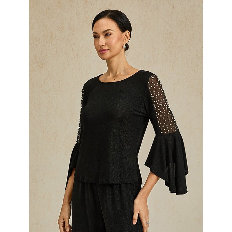 Women's Dressy Tops Elegant Daily Ladies 3/4 Length Sleeve Flutter Sleeve Boat Neck Regular Tops Wedding Guest Work Daily Ruffle Glitter Eyelet Black Spring Fall Winter