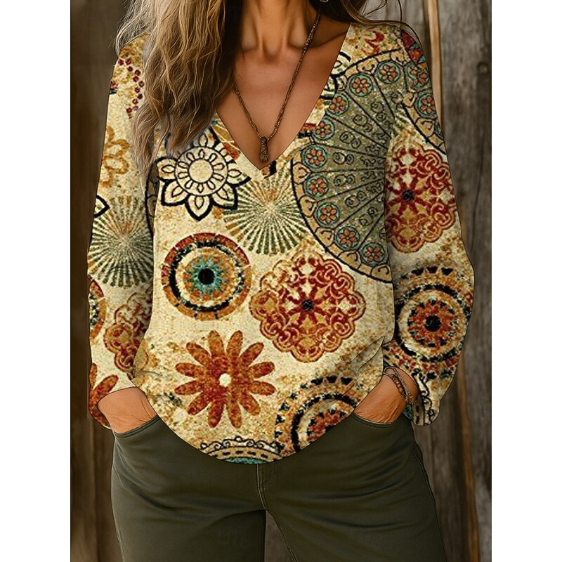 Women's Shirt Blouse Floral Retro Vintage Ethnic Long Sleeve V Neck Regular Tops Daily Holiday Print Black White Blue Khaki Apricot Summer Spring Fall4