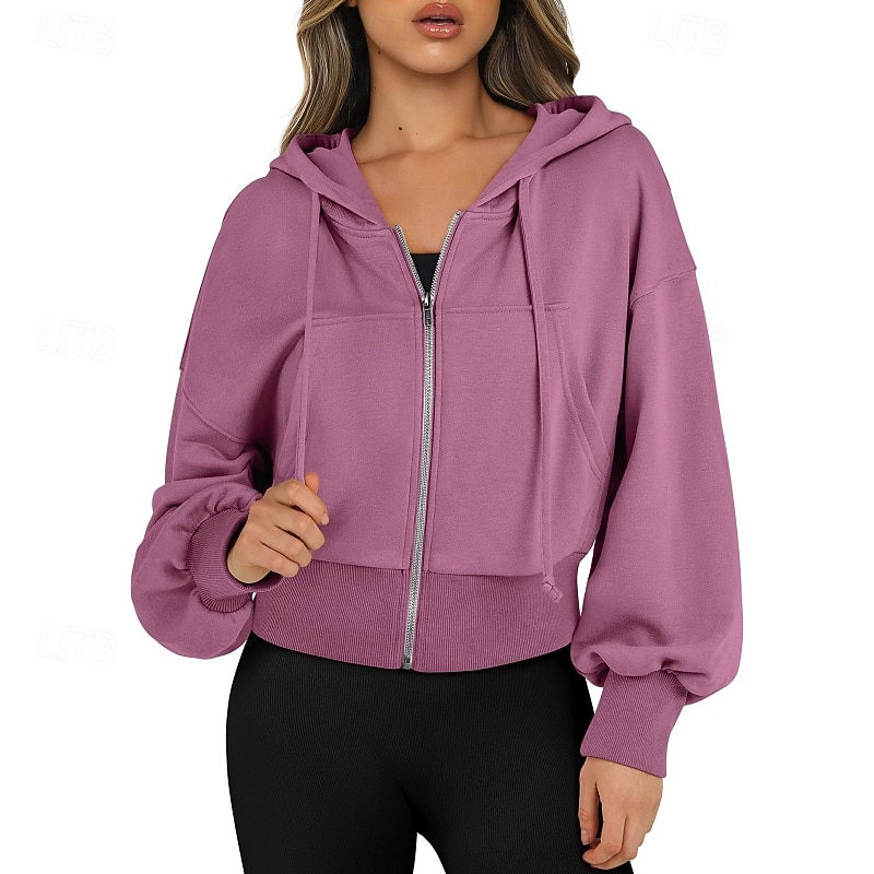 Women's Zip Up Hoodies Plain Streetwear Casual Long Sleeve Hooded Regular Tops Street Holiday Going out Zipper Pocket Black White Fuchsia Khaki Fall Winter