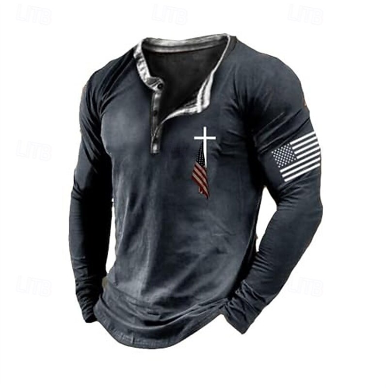 Men's T Shirt Henley Shirt Tee Tee Top Long Sleeve Henley Spring Fall Cross National Flag Fashion Designer Basic Print Vacation Street Going out Black Green Dark Gray Top Tee for Men3