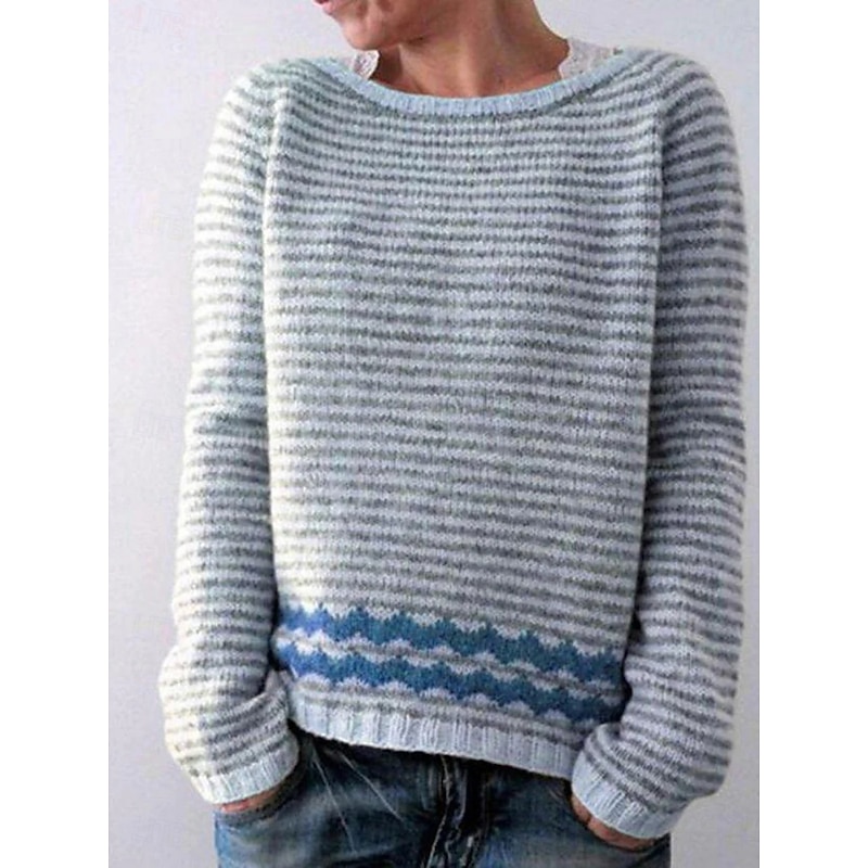 Women's Sweater Casual Soft Graphic Geometric Ribbed Crew Neck Knitted Print Long Sleeve Regular Tops Knit Outdoor Daily Weekend Yellow Blue Fall Winter2