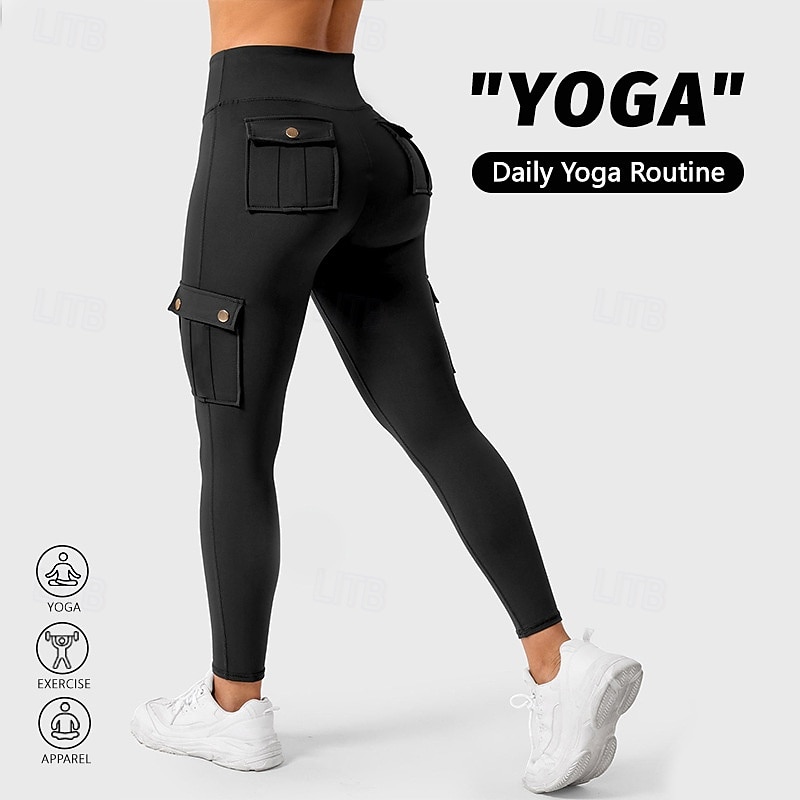 Women's Cargo Pants Yoga Leggings Pocket Tummy Control High Waist Gym Dance Athletic Bottoms Solid Color Black Fall Sports Activewear Tight Fit