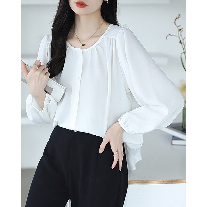 Women's Shirt Texture Blouse Plain Daily Stylish Basic Long Sleeve Crew Neck Regular Tops Work Daily Holiday Buttons Black White Beige Spring Fall4