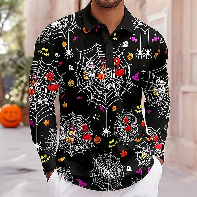 Halloween Men's Pumpkin Ghost Polo Long Sleeve Polo Shirts Lapel Casual Dark Street Daily Wear Festival Outfit 3D Print Buttons Spring Fall Winter Black